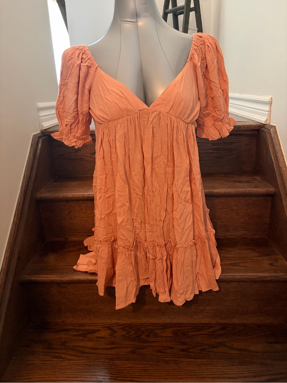 Sunset Peach Puff-Sleeve Mini Dress